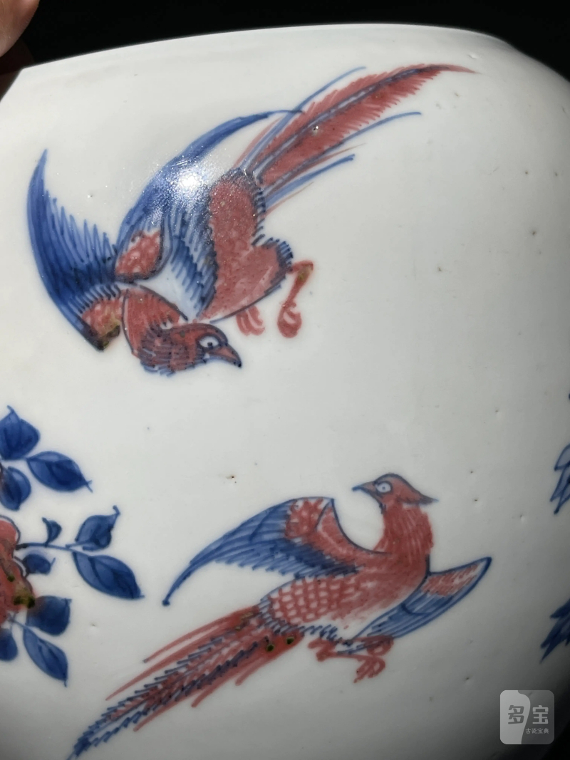 清康熙 青花釉里红凤凰牡丹纹卷缸 - 图8